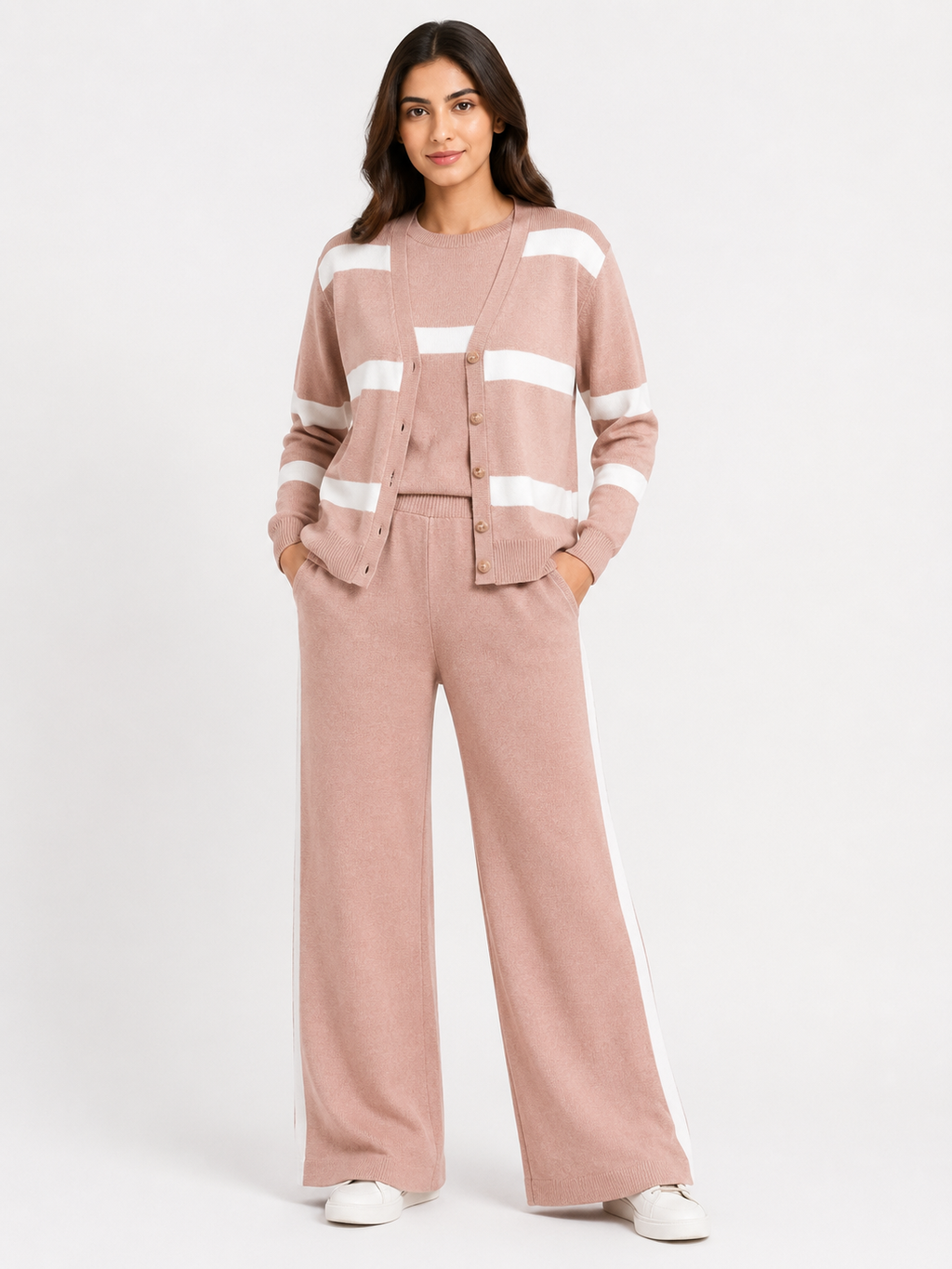 Cozy Soft Knit 3-Pc Matching Set - Wide Leg Pants, Sweater Vest & Cardigan