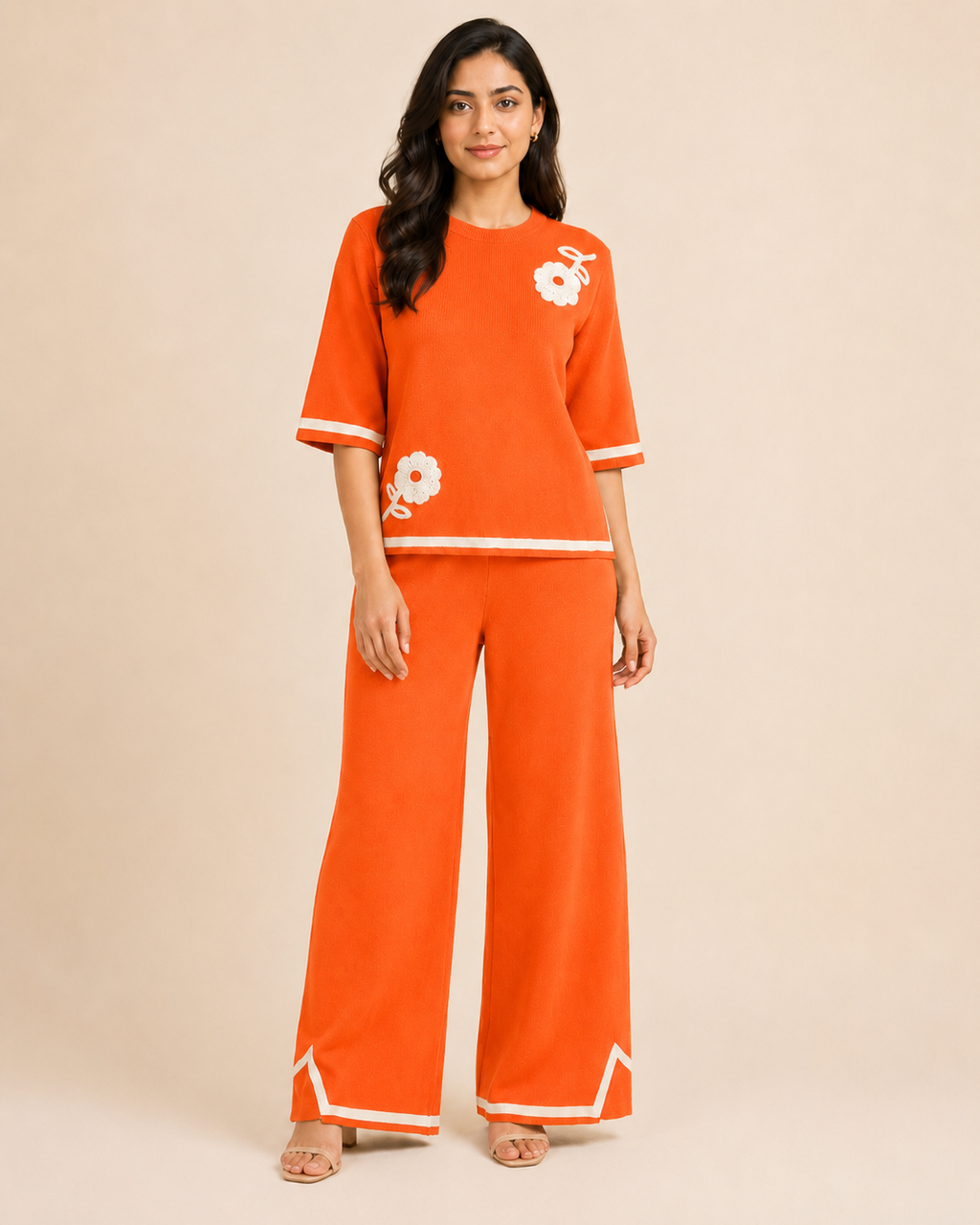 Daisy Applique Knit Top & Wide-Leg Trouser Set