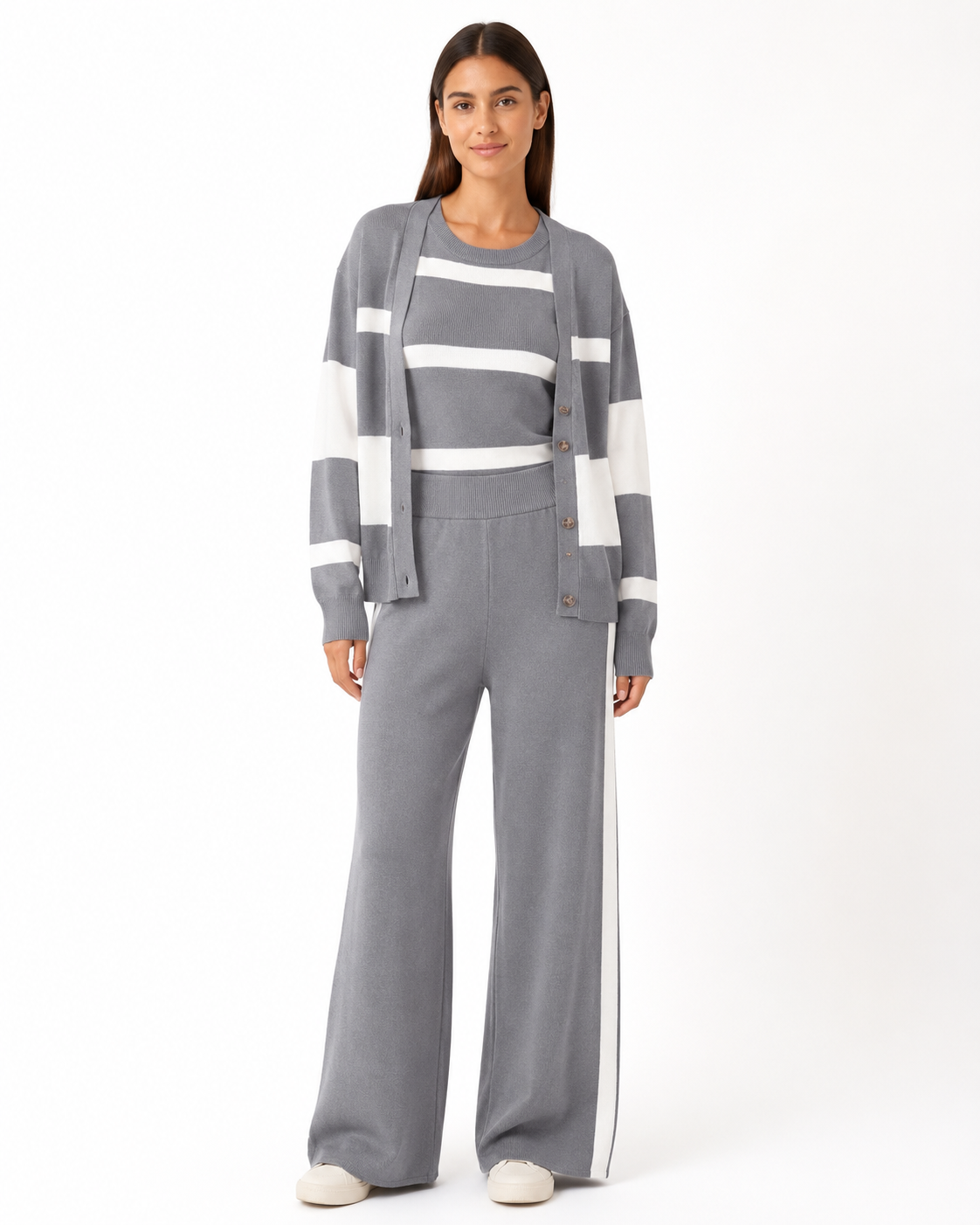 Cozy Soft Knit 3-Pc Matching Set - Wide Leg Pants, Sweater Vest & Cardigan