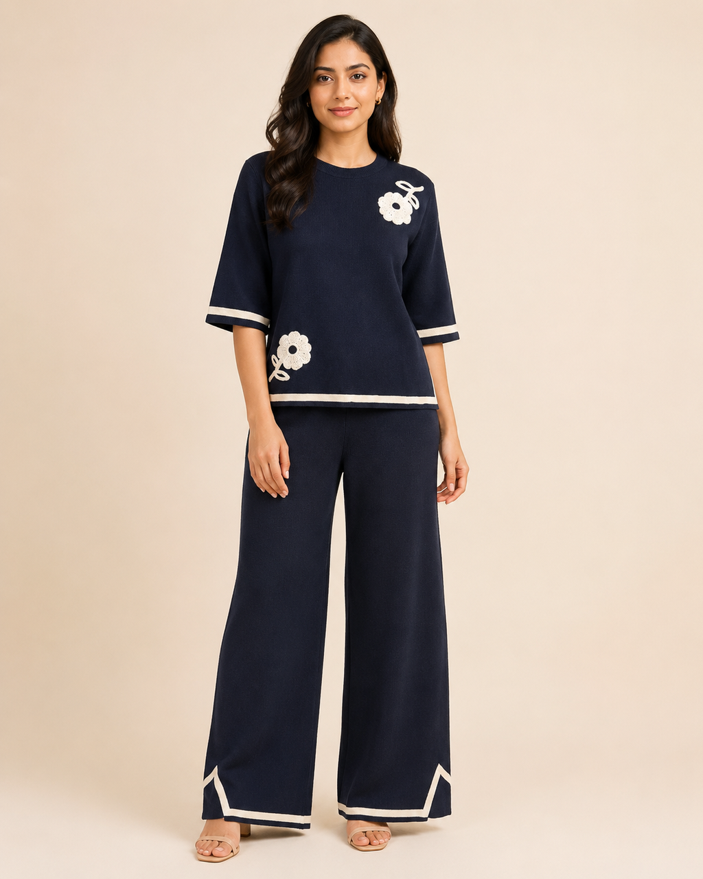 Daisy Applique Knit Top & Wide-Leg Trouser Set