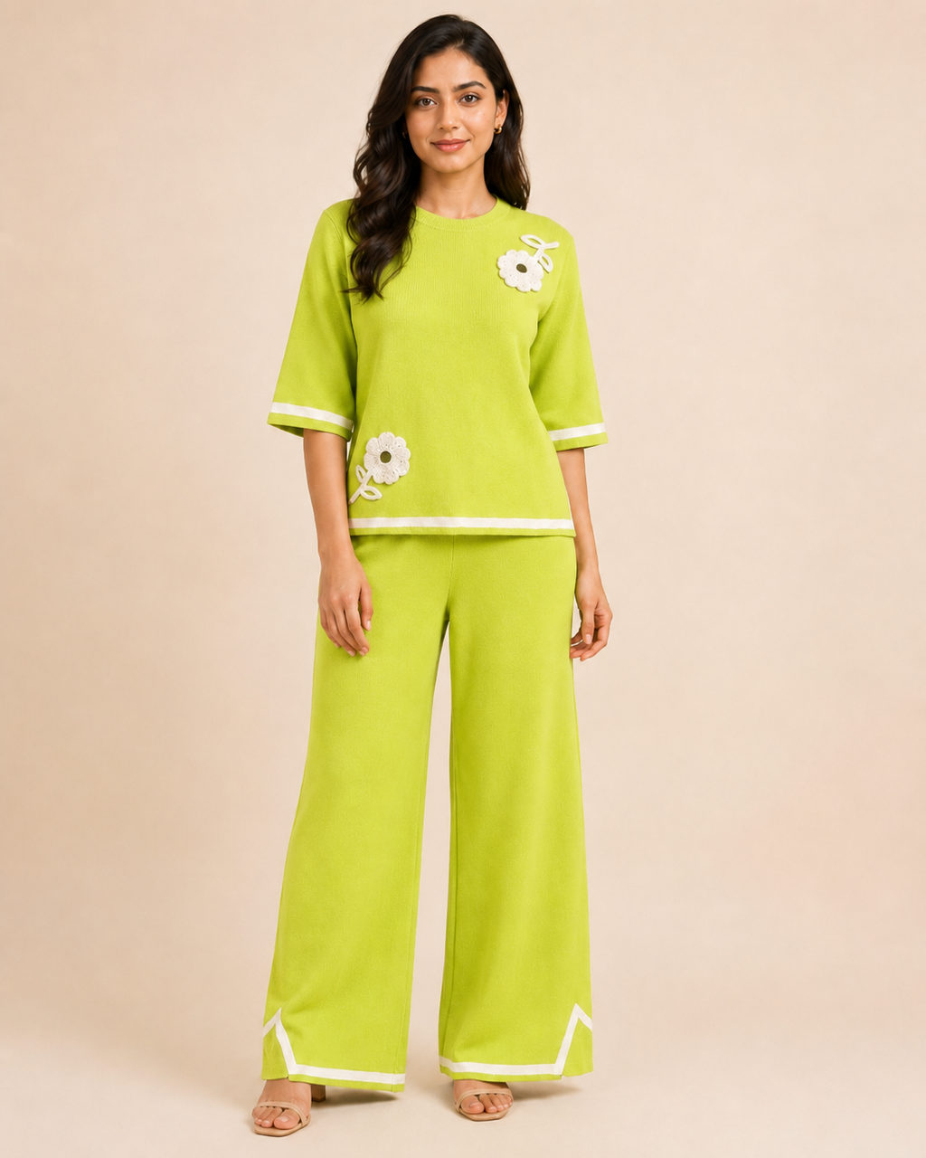 Daisy Applique Knit Top & Wide-Leg Trouser Set
