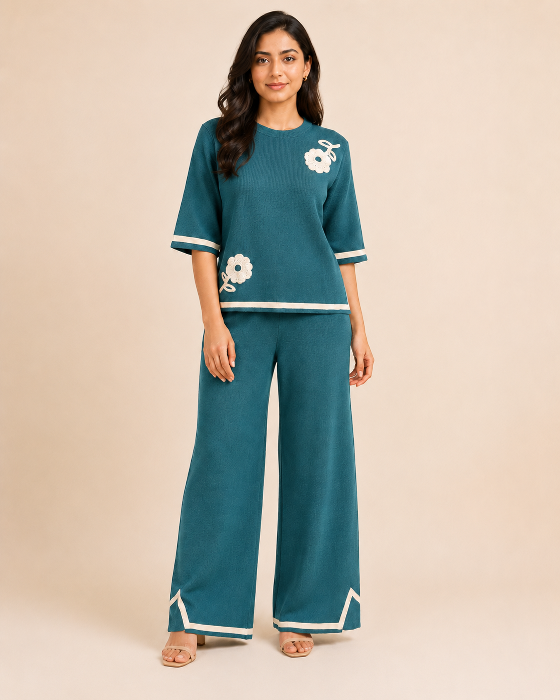 Daisy Applique Knit Top & Wide-Leg Trouser Set