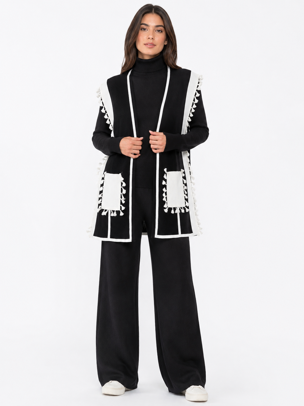 Cozy 3-Piece Knit Lounge Set - Black Turtleneck, Wide-Leg Pants, & Fringed Poncho Cap
