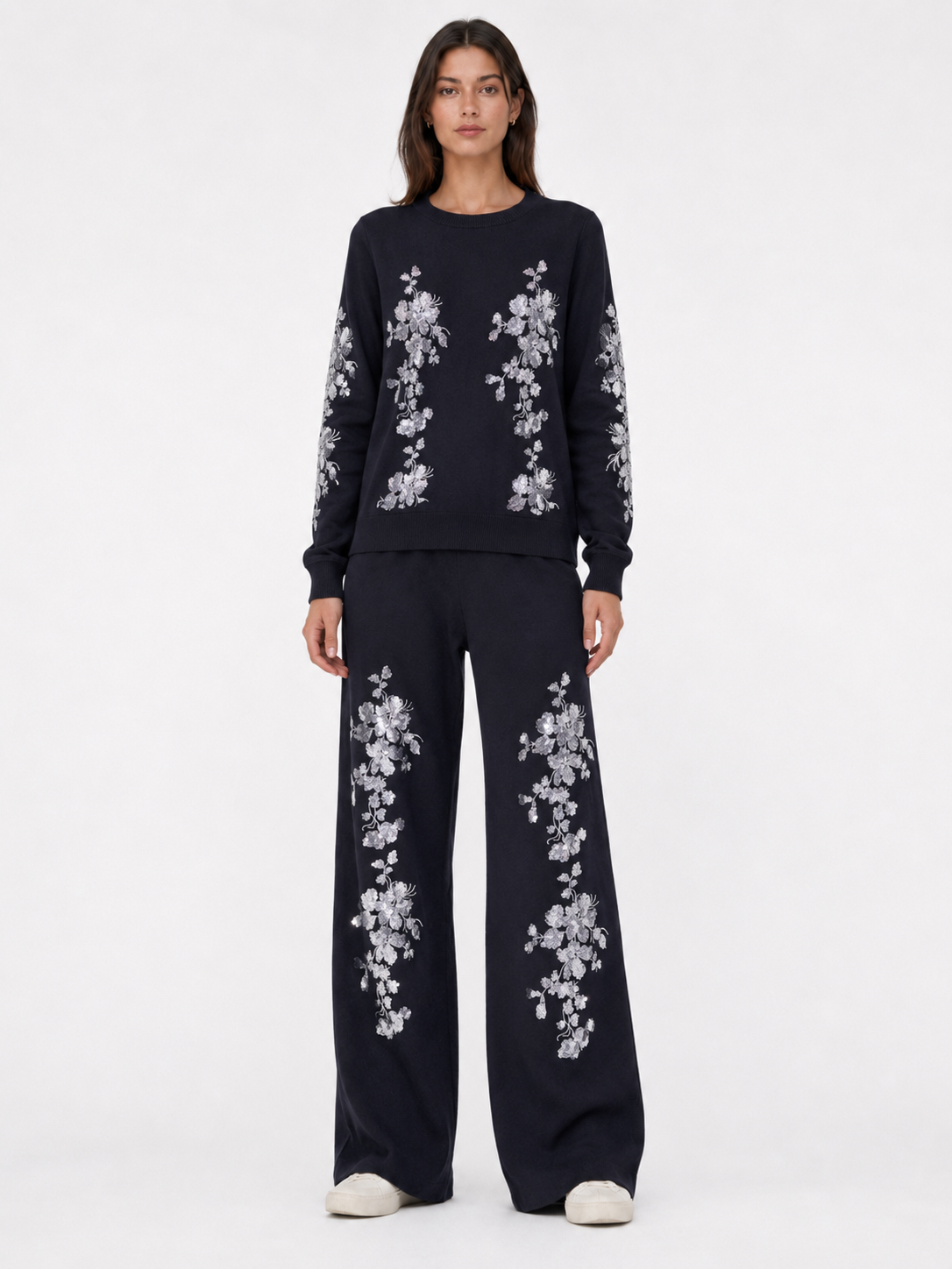 Glamorous 2-Piece Black Knit Lounge Set - Silver Sequin Floral Sweatshirt & Wide-Leg Pants