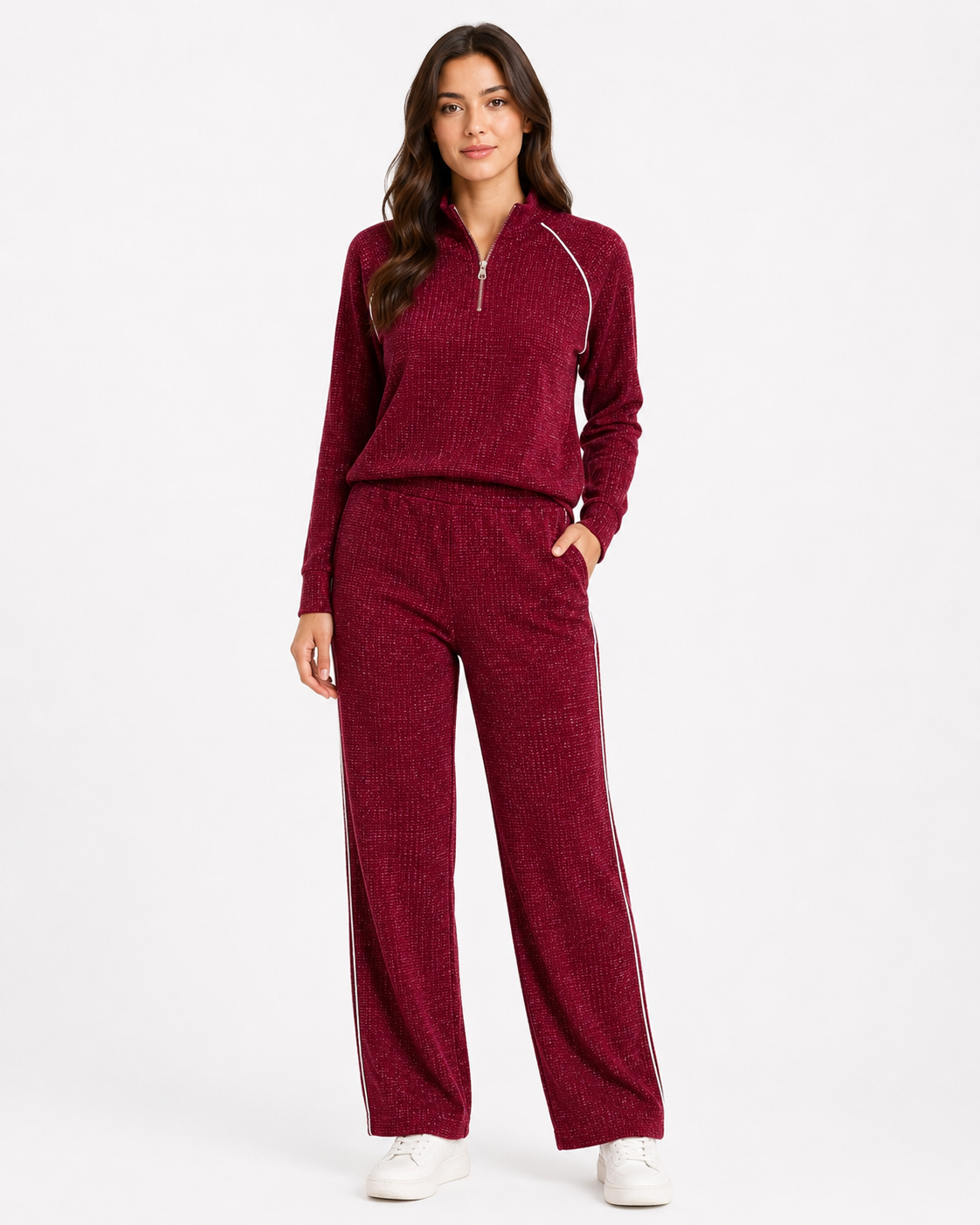 Cozy Maroon Ribbed Velour 2-Piece Tracksuit Set with White Piping
