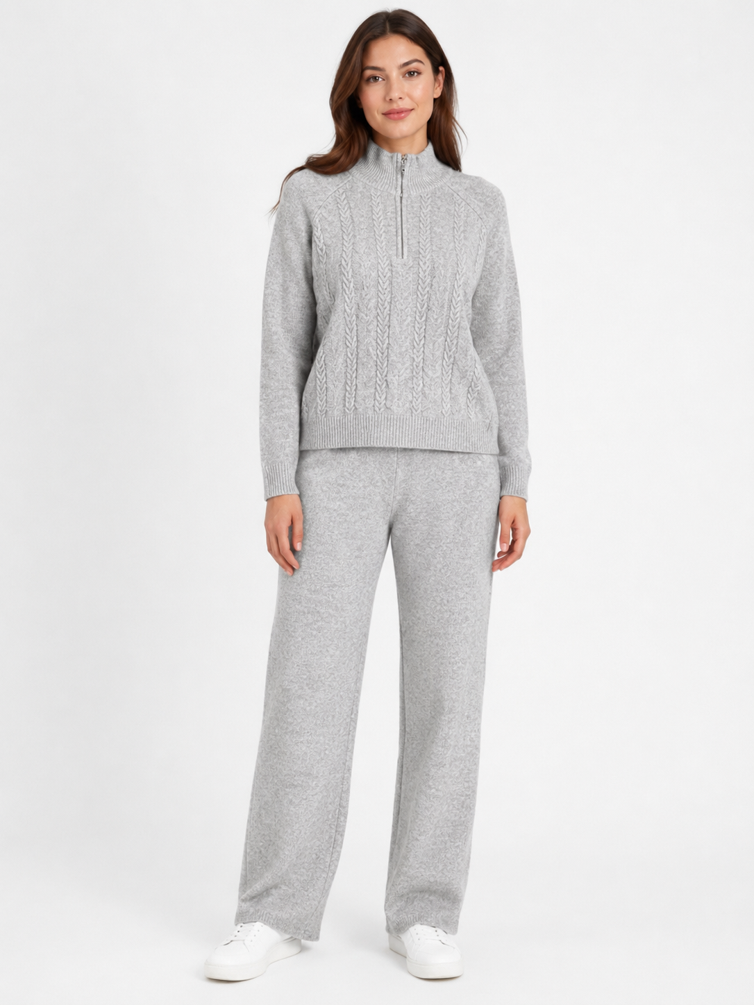 Cozy Knit Loungewear Sets – Gray Cable-Knit & Oatmeal Wide-Leg Quarter-Zip Bundles