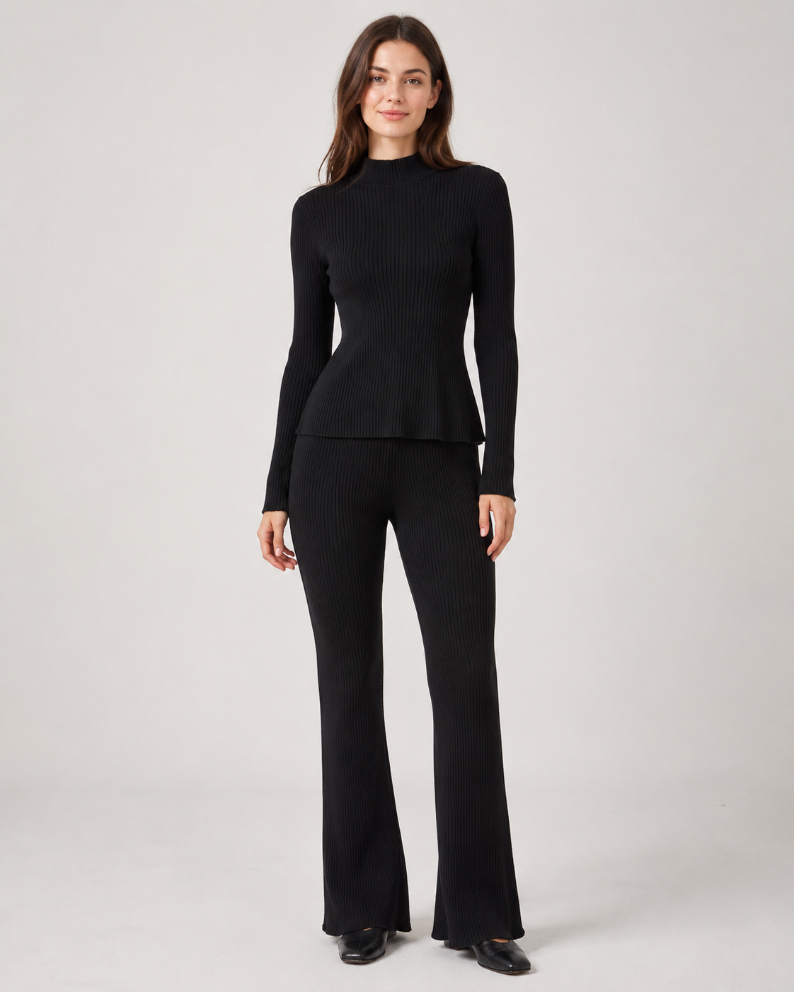 Chic Two-Piece Black Ribbed Knit Loungewear Set – Mock Neck Top & Flared Pants