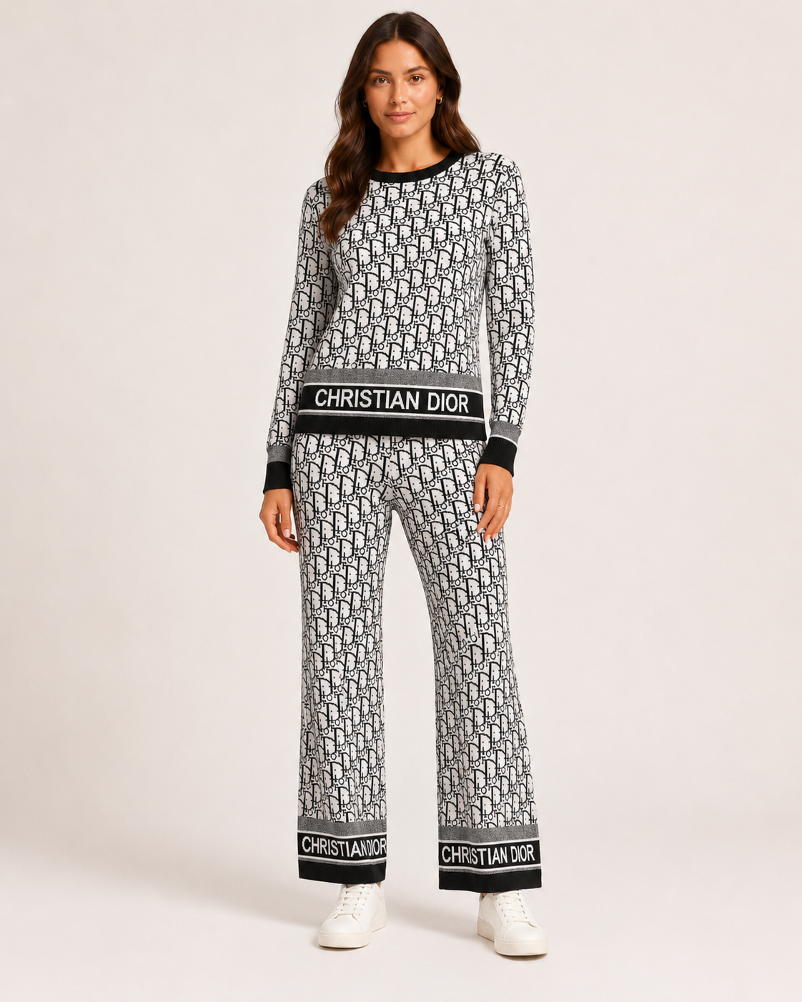 Luxury Style Monogram Knit Set & Separates – Christian Dior Inspired Sweaters & Wide-Leg Pants
