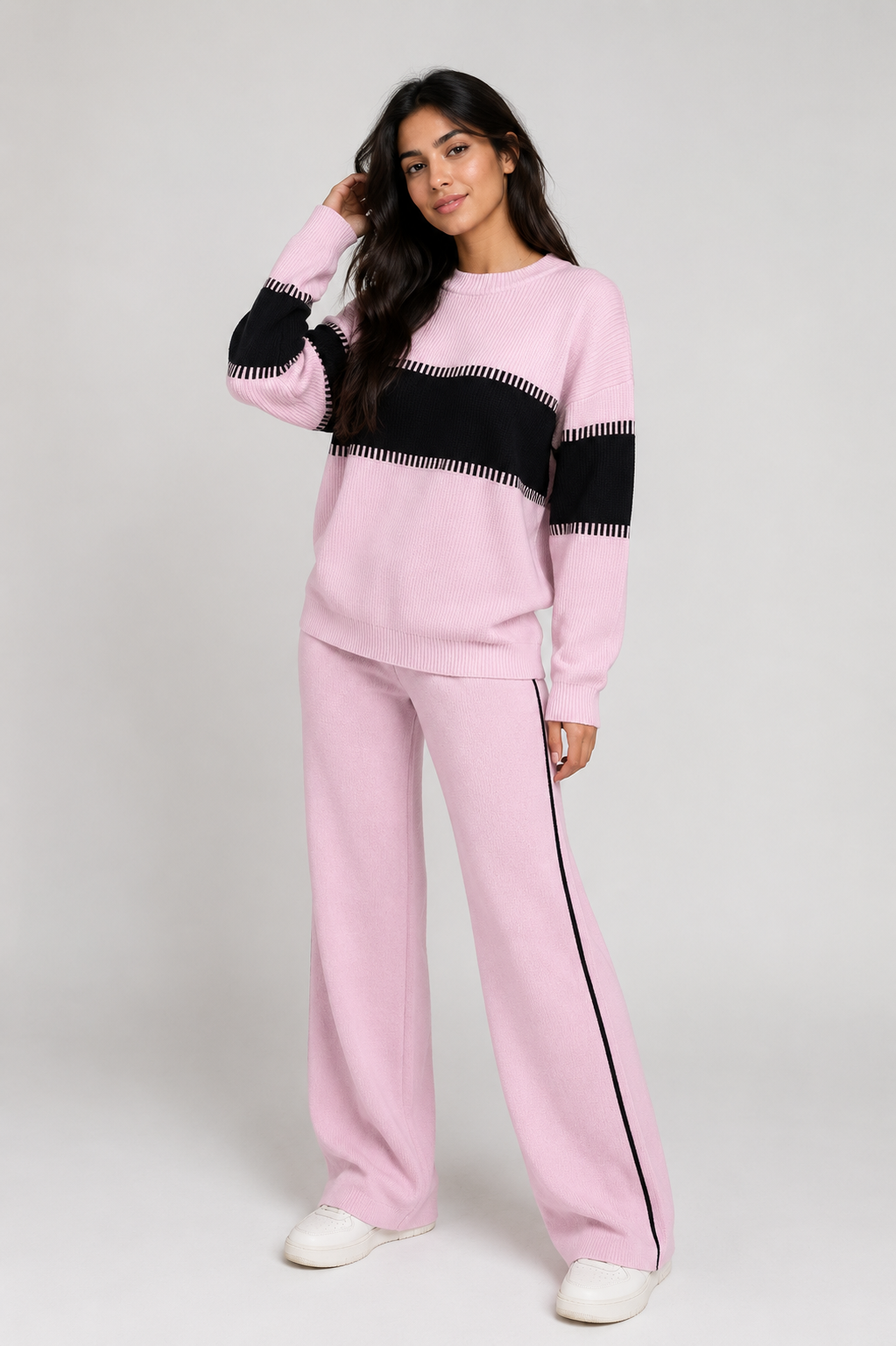 Chic Baby Pink & Black Colorblock Knit Two-Piece Loungewear Set