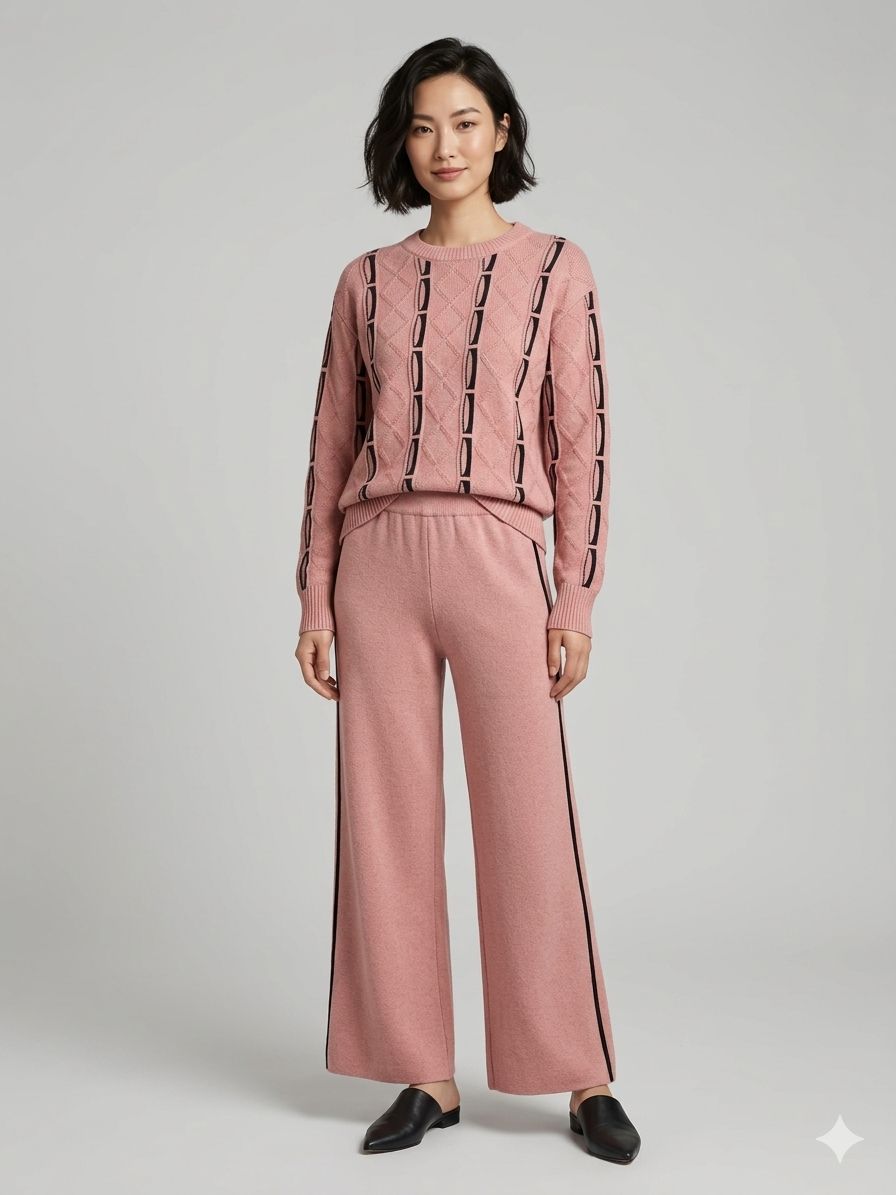 Cute Pastel Pink Geometric Knit Loungewear Set – Patterned Sweater & Wide-Leg Pants