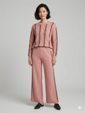 Cute Pastel Pink Geometric Knit Loungewear Set – Patterned Sweater & Wide-Leg Pants