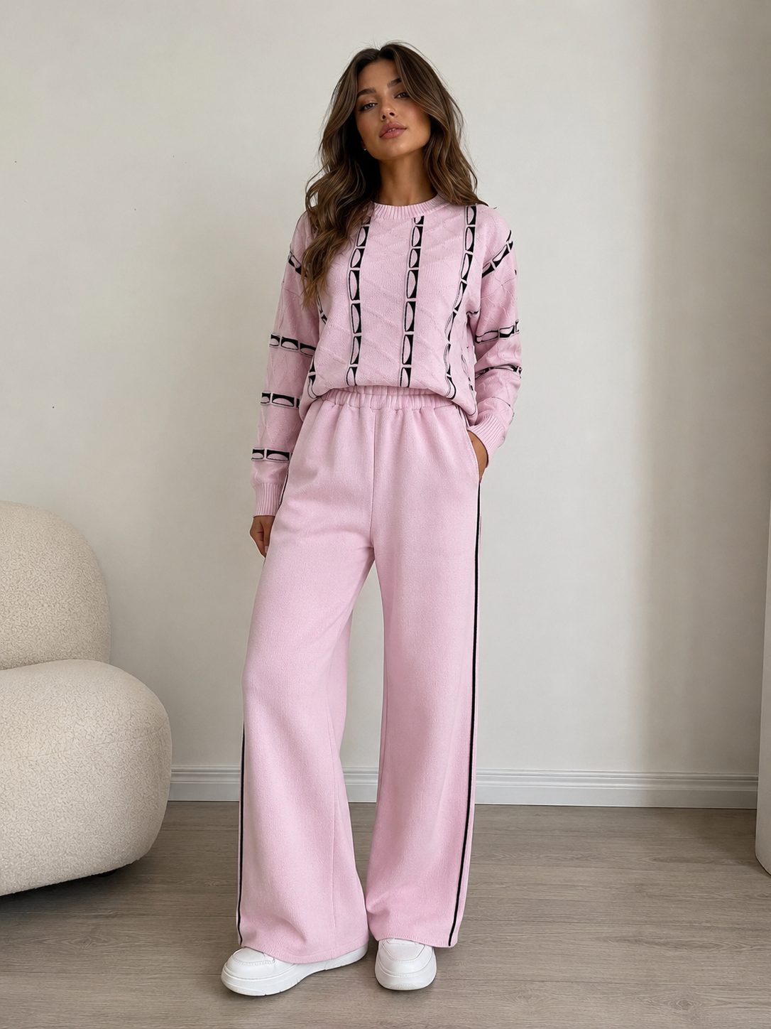 Cute Pastel Pink Geometric Knit Loungewear Set – Patterned Sweater & Wide-Leg Pants