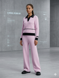 Chic Pastel Pink Textured Polo Sweater & Matching Wide-Leg Knit Pants Set