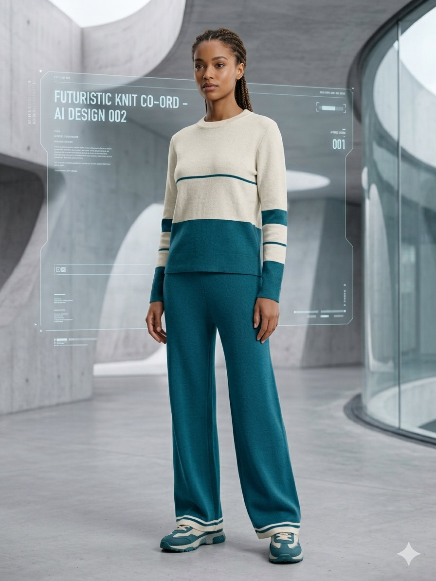 Retro-Futuristic Teal & Cream Knit Co-Ord Set – AI Model Inspired Tech Wear