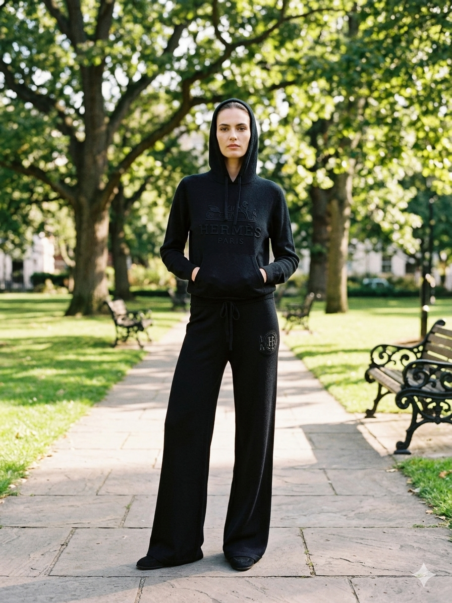 Black Hooded Knit Co-Ord Set with Wide-Leg Pants