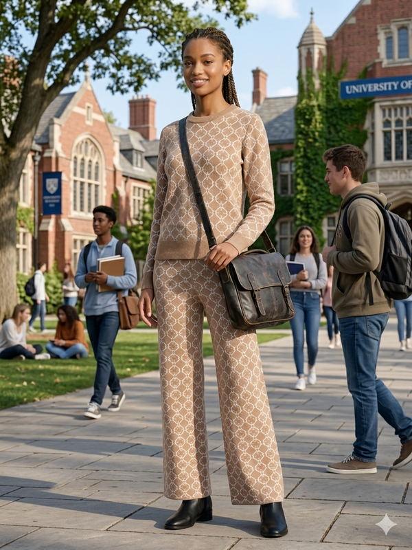 Mint Green & beige Geometric Knit Co-Ord Set with Wide-Leg Pants