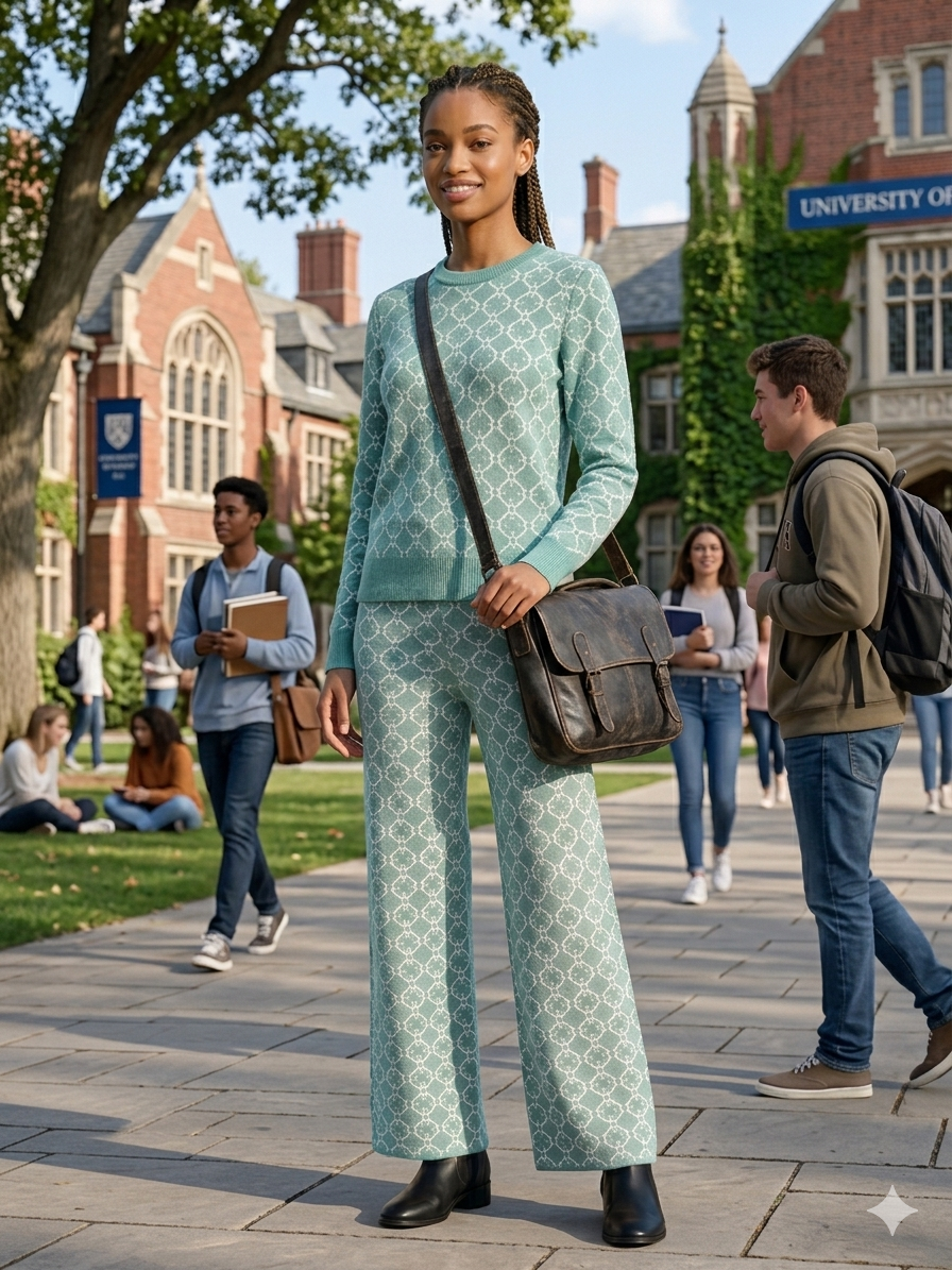 Mint Green & beige Geometric Knit Co-Ord Set with Wide-Leg Pants