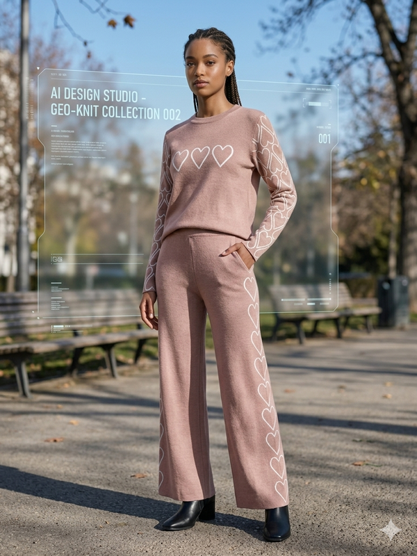 Dusty Rose Heart Motif Knit Lounge Set