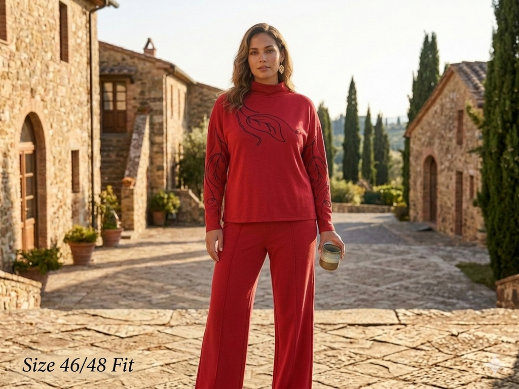 Bold Crimson Leaf-Detail Co-ord Set