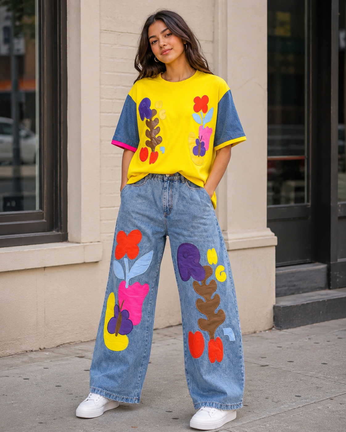 Girls Graphic Patch Co-Ord Set – Oversized Tee & Wide-Leg Denim Pants