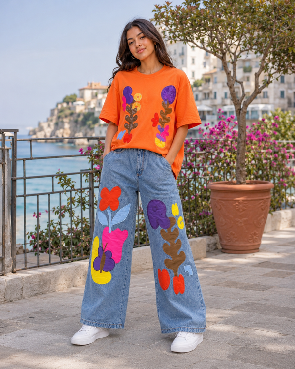 Girls Graphic Patch Co-Ord Set – Oversized Tee & Wide-Leg Denim Pants