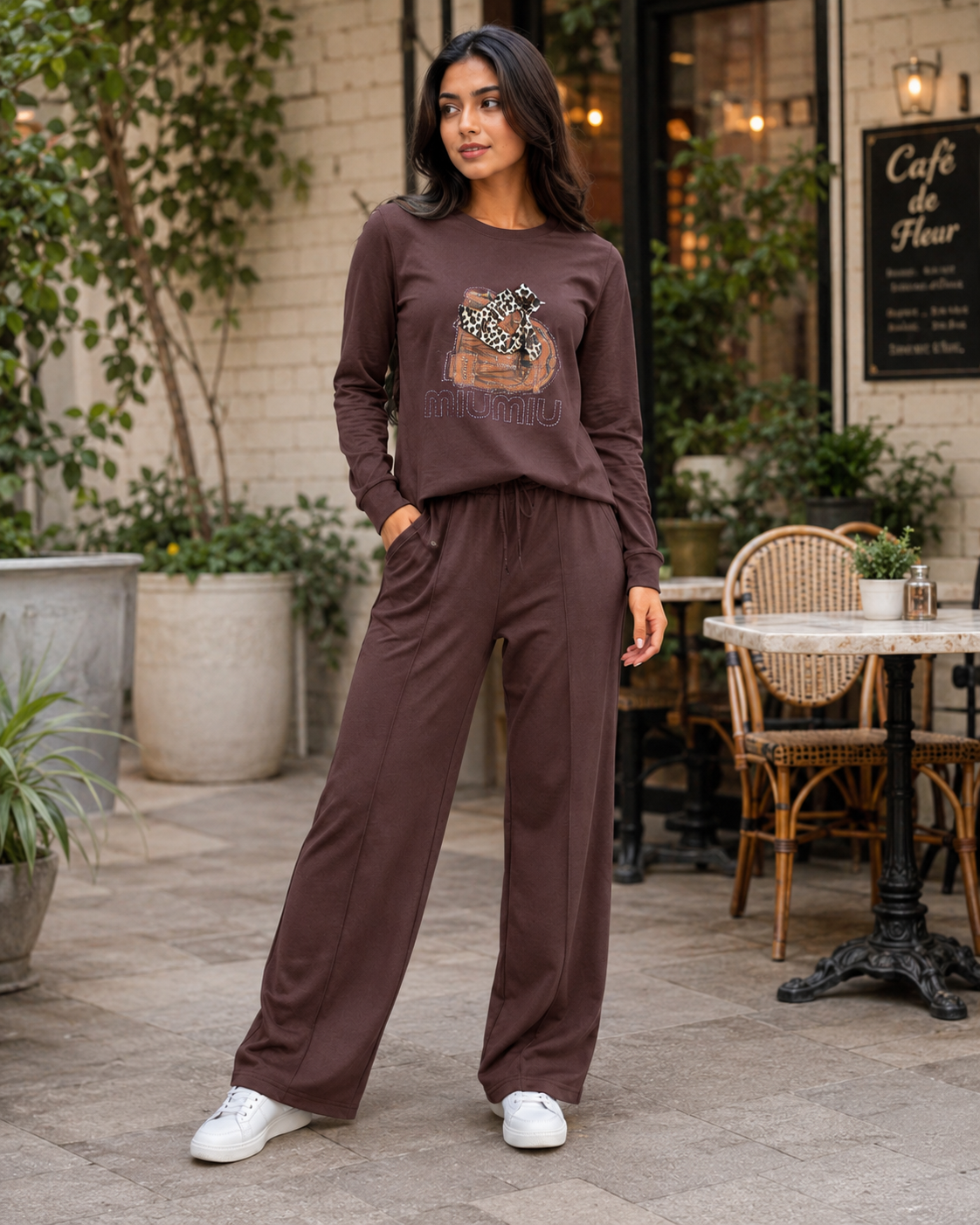 Girls MiuMiu Bag Print Co-Ord Set – Long Sleeve Top & Wide-Leg Pants