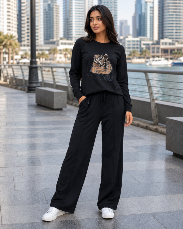 Girls MiuMiu Bag Print Co-Ord Set – Long Sleeve Top & Wide-Leg Pants