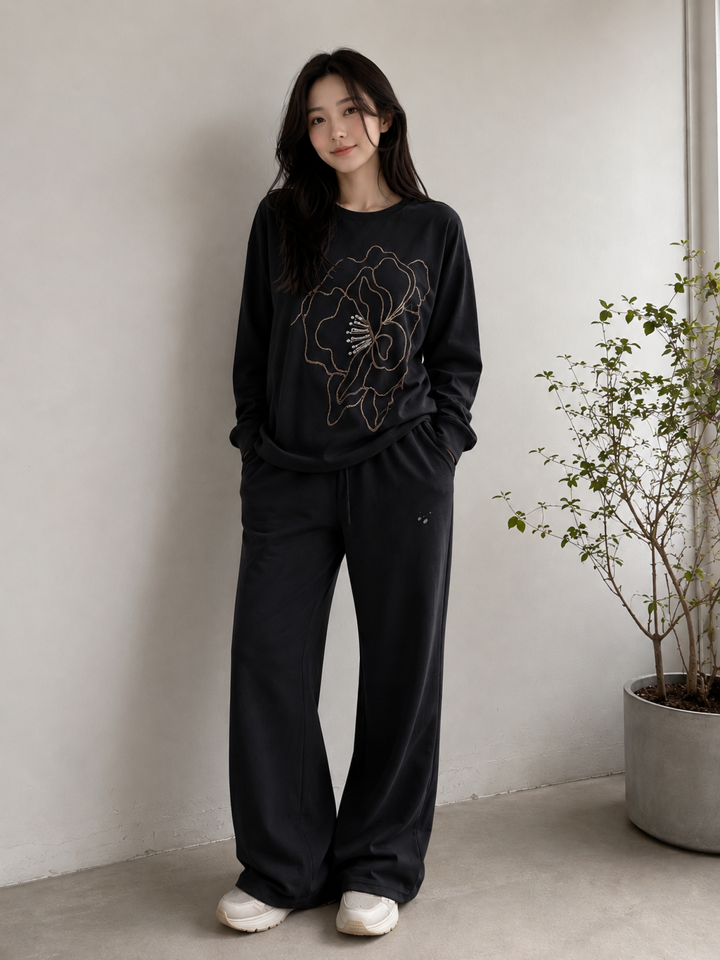 Black & grey Floral Embroidered Lounge Co-Ord Set