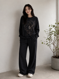 Black & grey Floral Embroidered Lounge Co-Ord Set