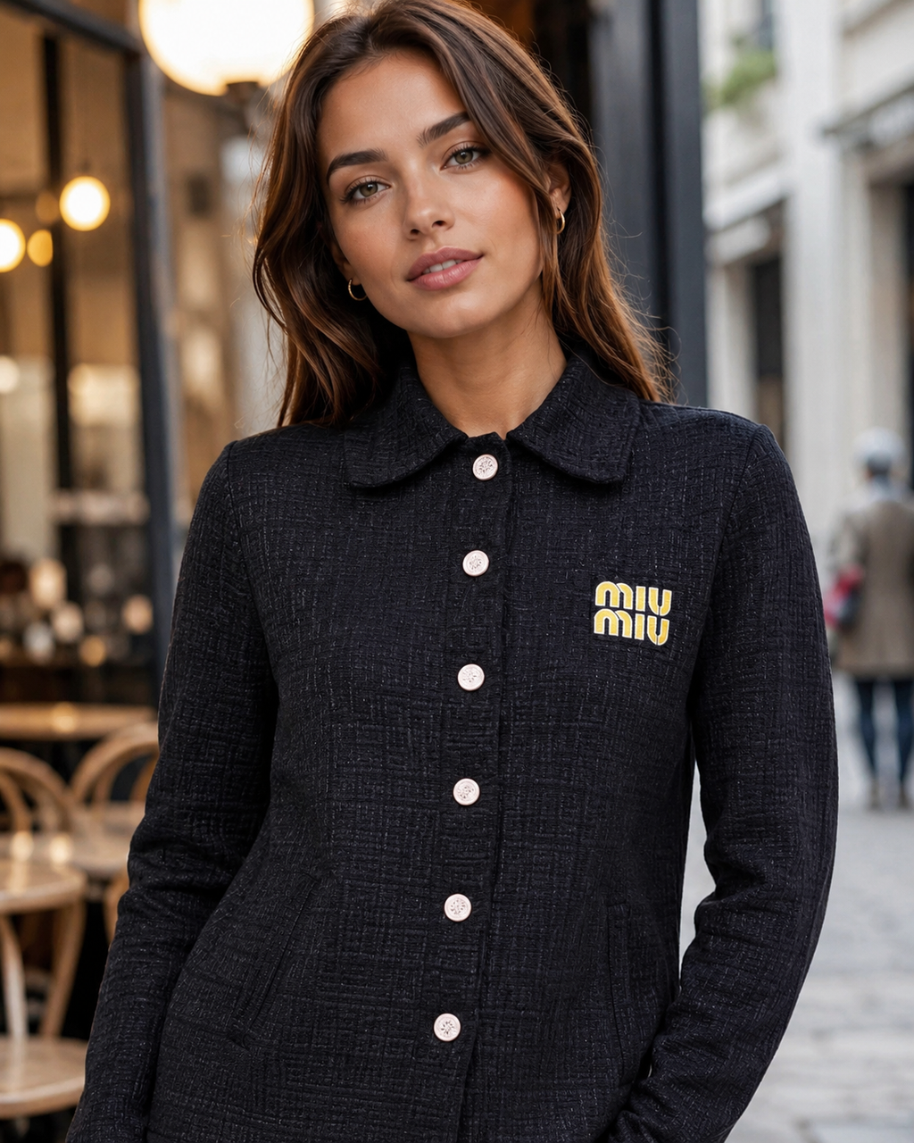 Miu Miu Embroidered Logo Textured Button-Up Jacket – Black