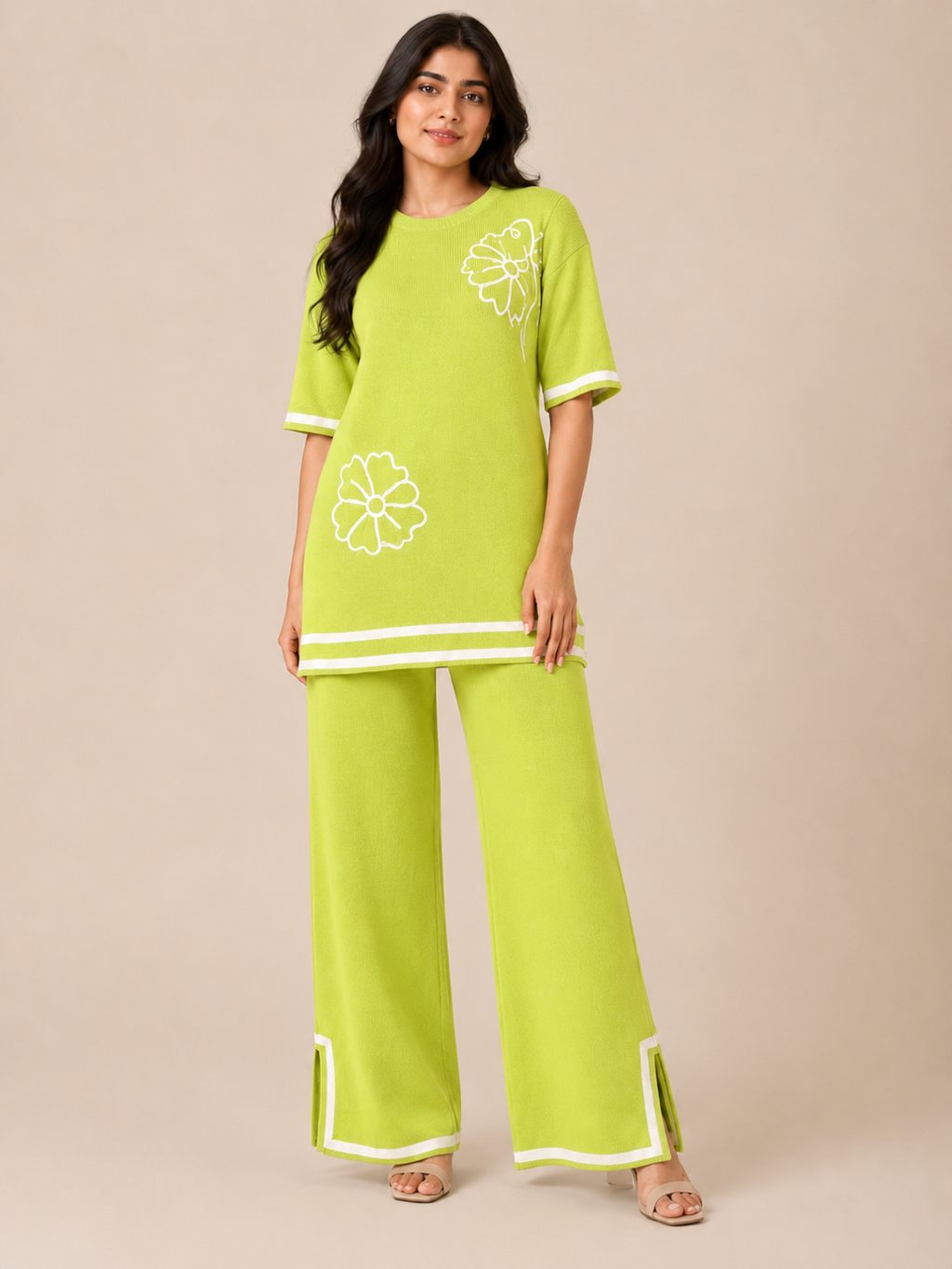 Floral Accent Knit Tunic & Wide-Leg Co-ord Set