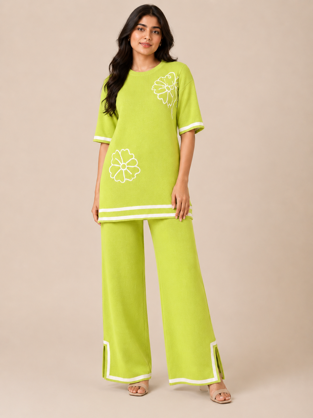 Floral Accent Knit Tunic & Wide-Leg Co-ord Set