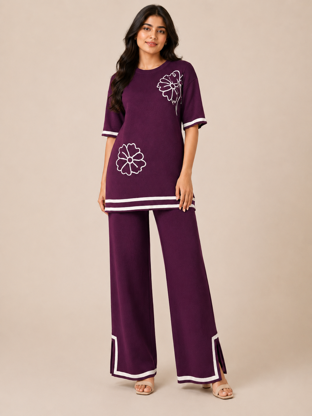 Floral Accent Knit Tunic & Wide-Leg Co-ord Set