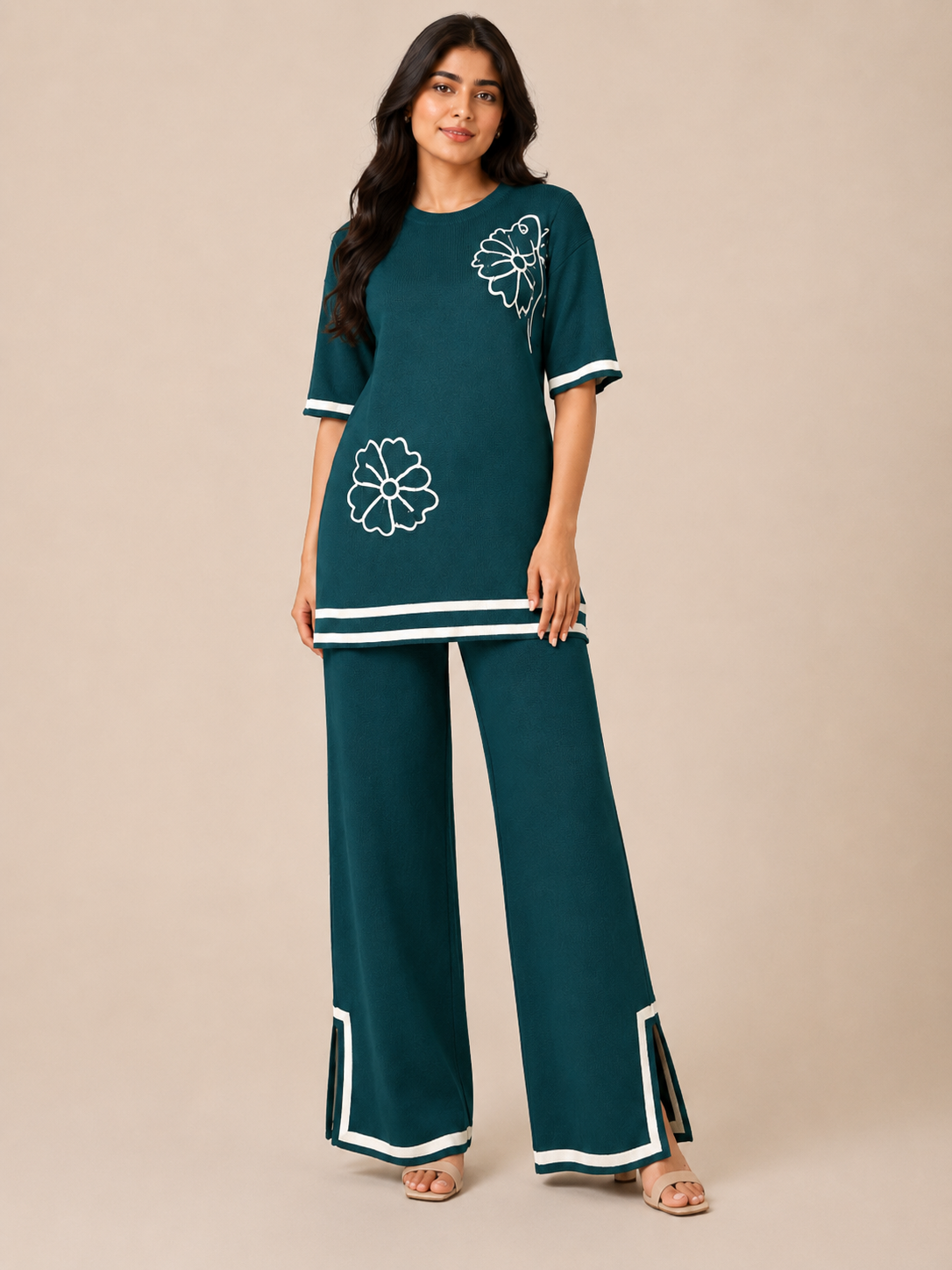 Floral Accent Knit Tunic & Wide-Leg Co-ord Set