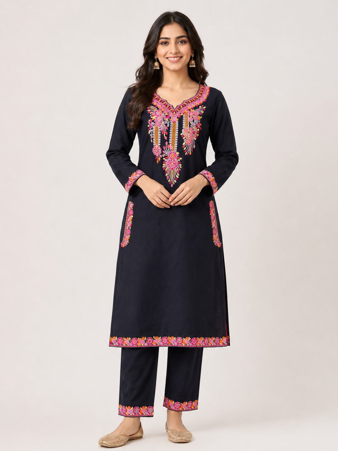 Festive Floral Embroidered Kurta & Trouser Set