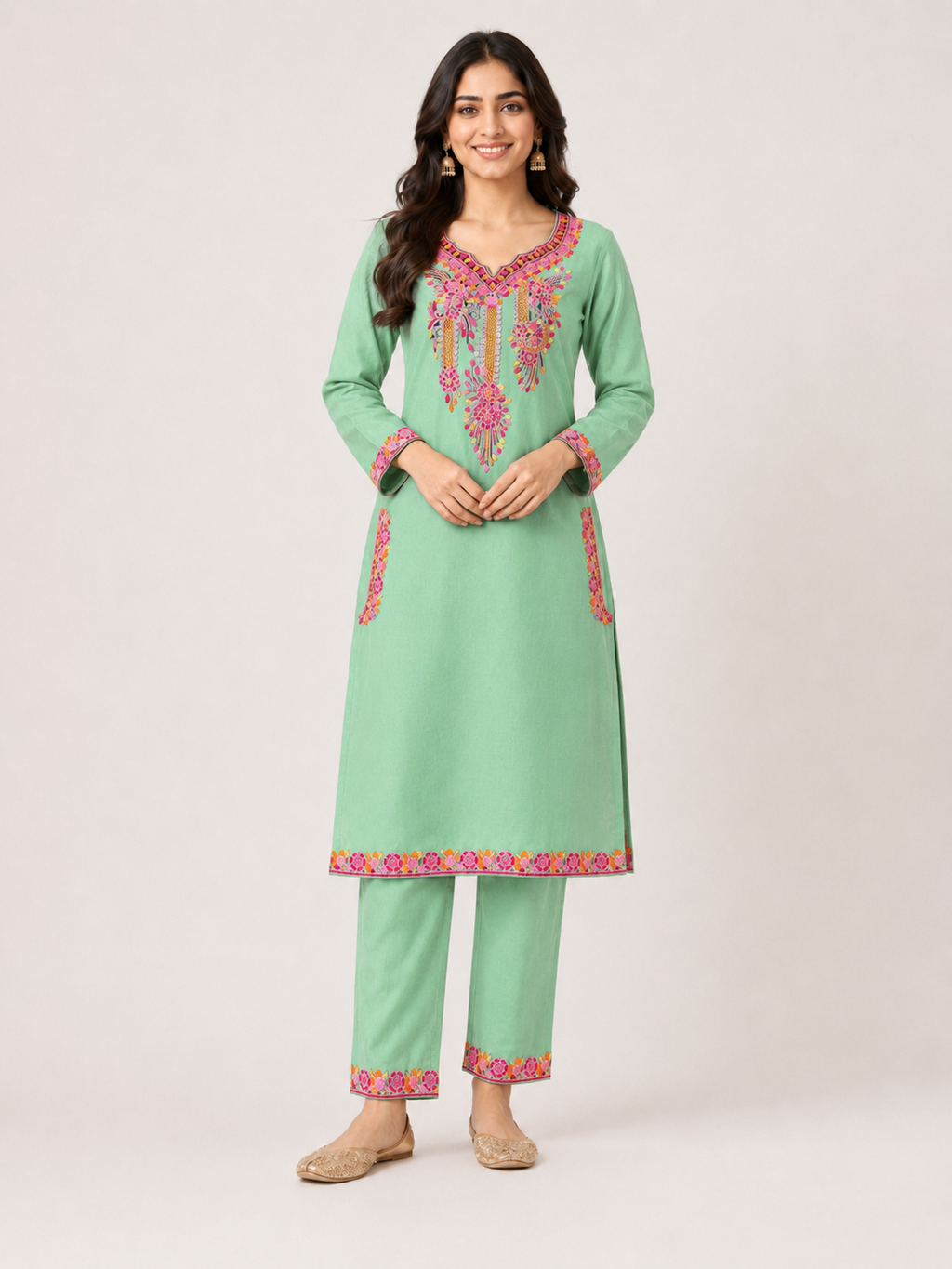 Festive Floral Embroidered Kurta & Trouser Set