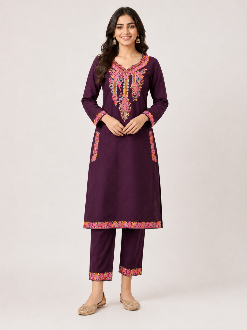 Festive Floral Embroidered Kurta & Trouser Set