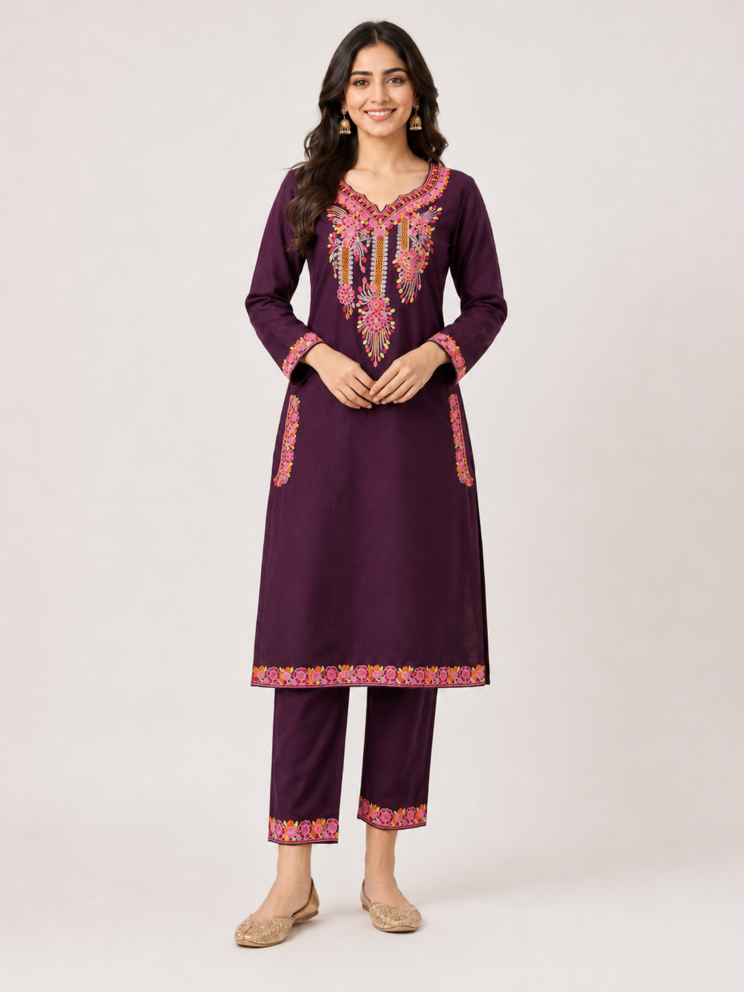 Festive Floral Embroidered Kurta & Trouser Set