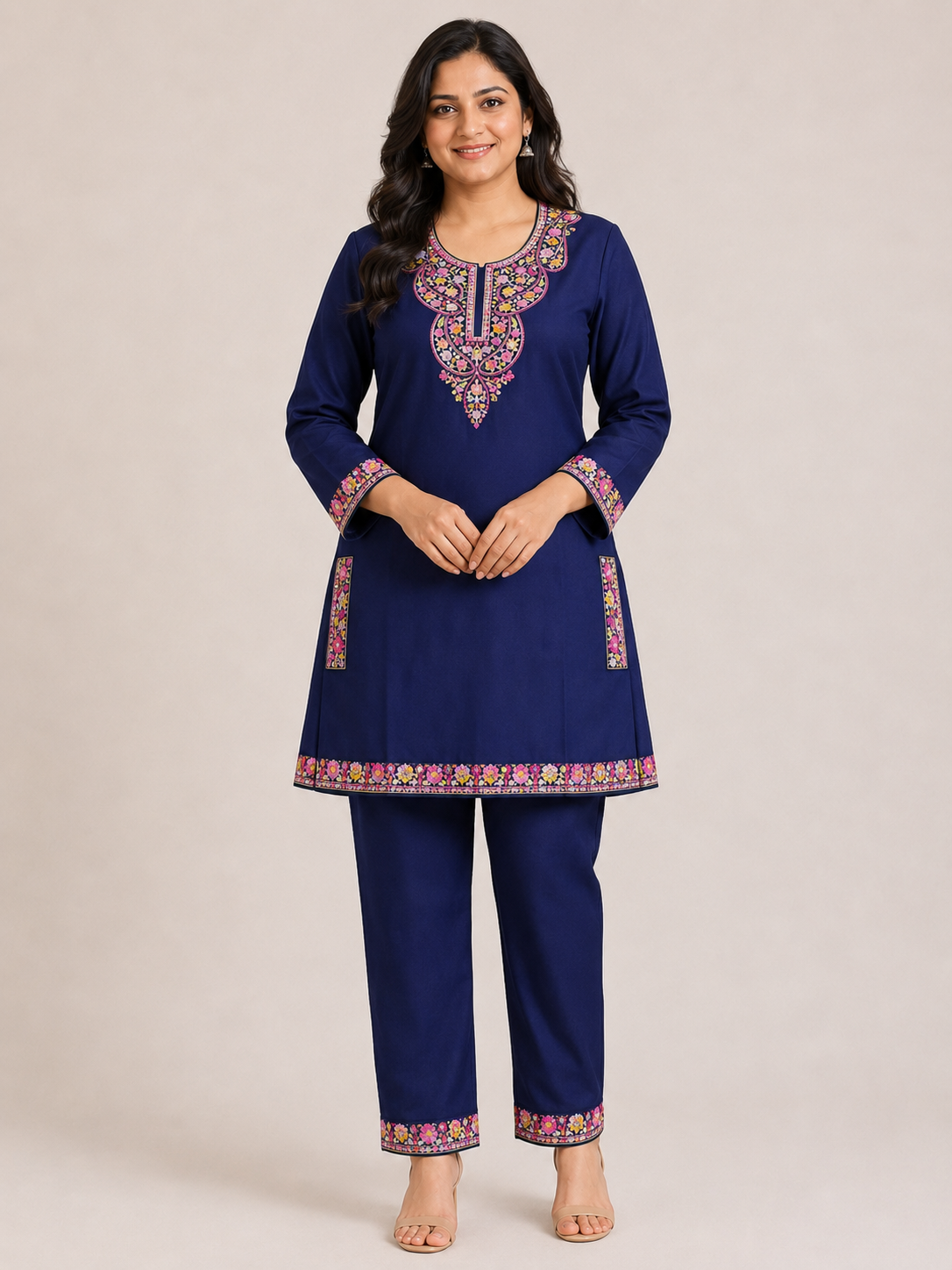 Elegant Floral Embroidered Pocket Kurti (Size 42 / XL)