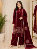 Luxurious Maroon Velvet 3-Piece Salwar Suit Set – Size 40 (Large)