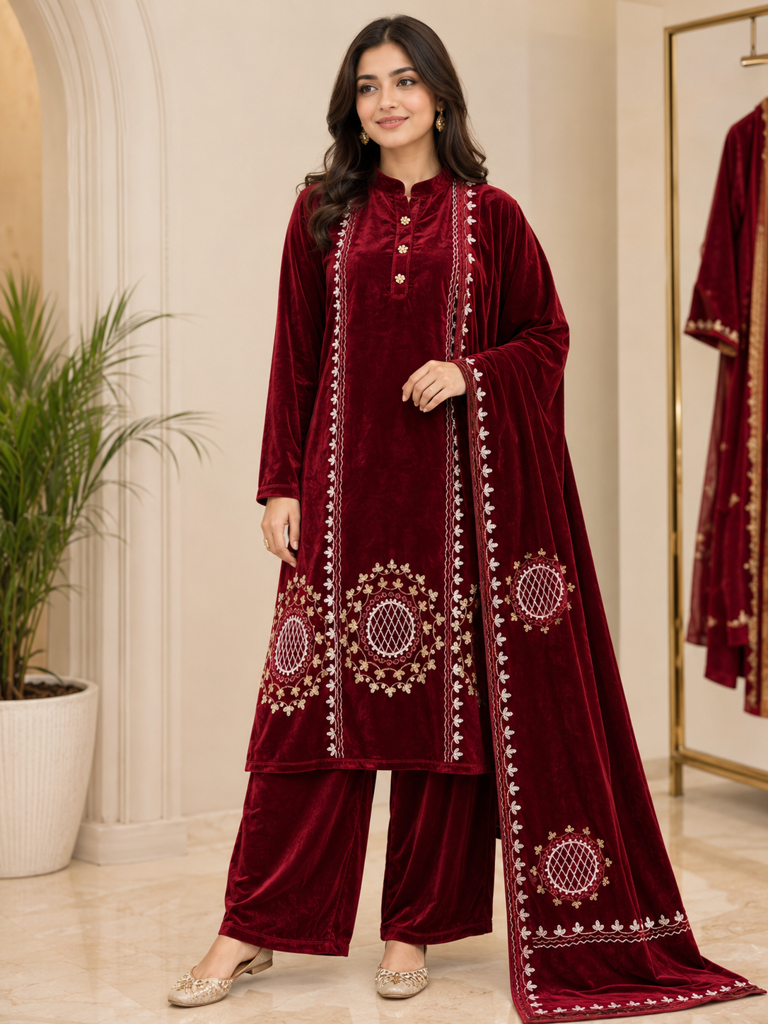 Luxurious Maroon Velvet 3-Piece Salwar Suit Set – Size 40 (Large)