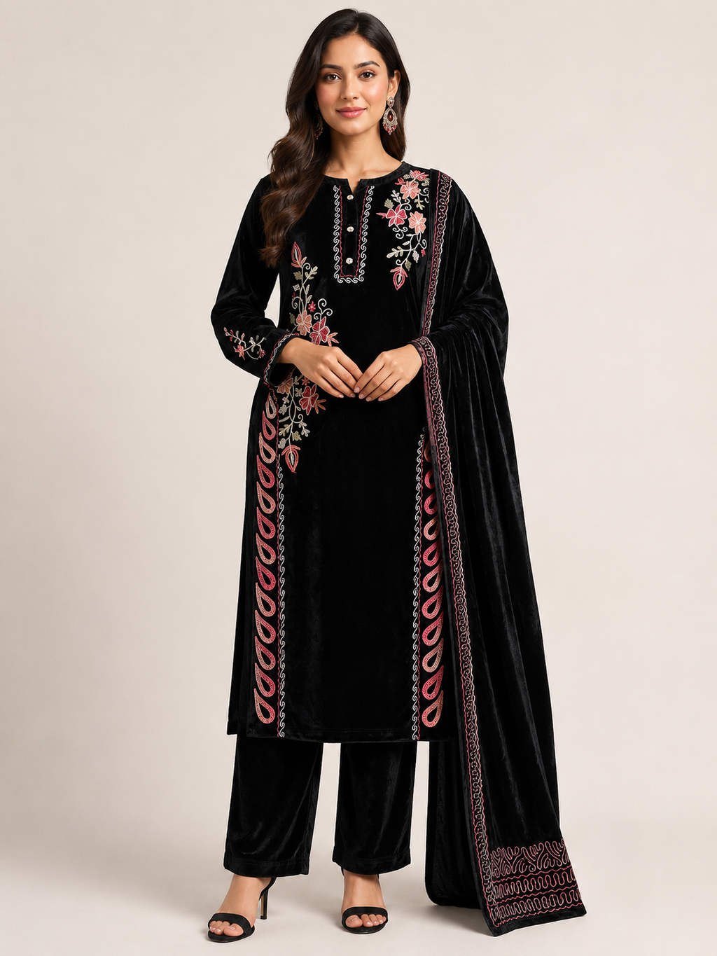Midnight Black Floral Velvet 3-Piece Salwar Suit Set – Size 40 (Large) size 42 XL