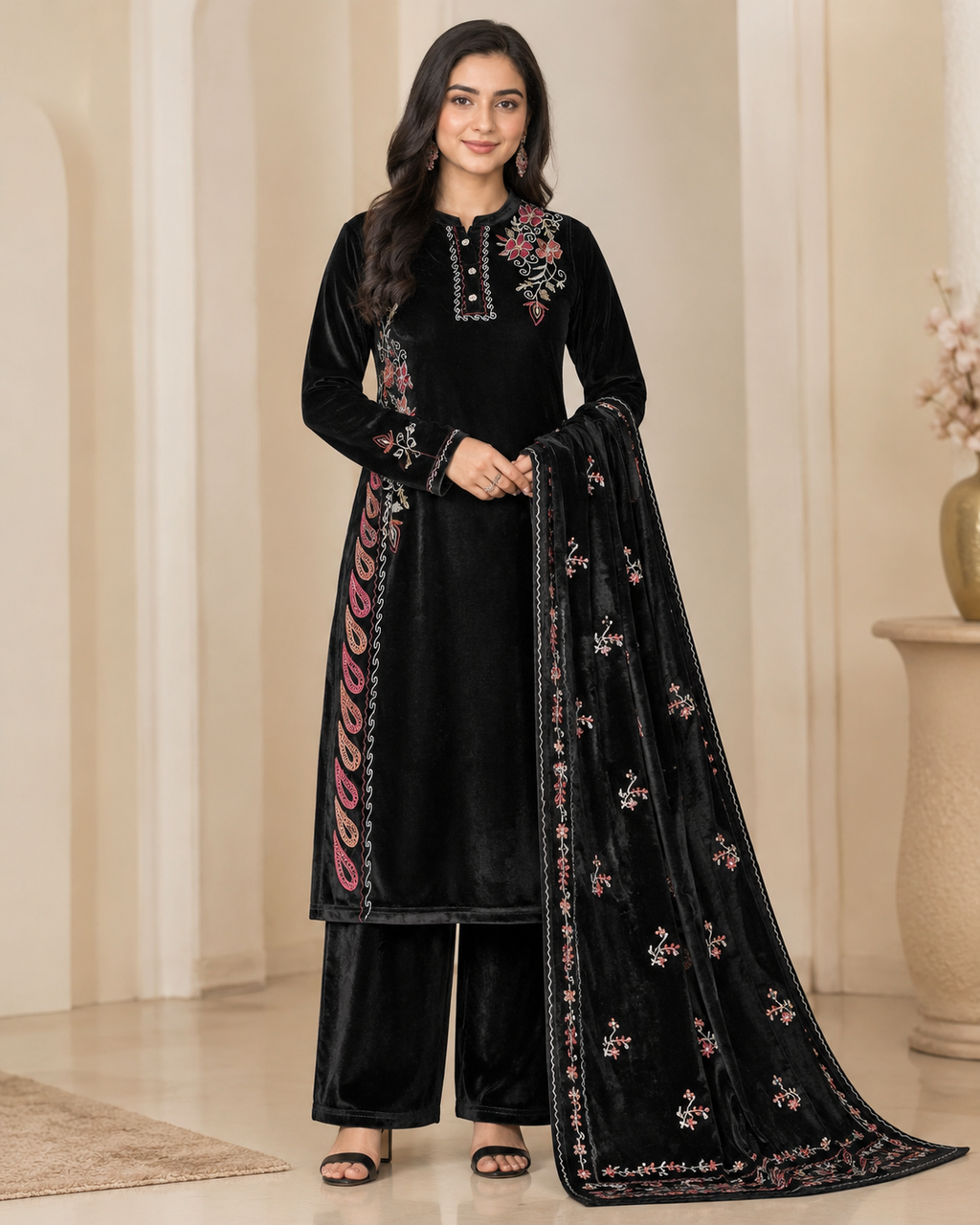 Midnight Black Floral Velvet 3-Piece Salwar Suit Set – Size 40 (Large) size 42 XL