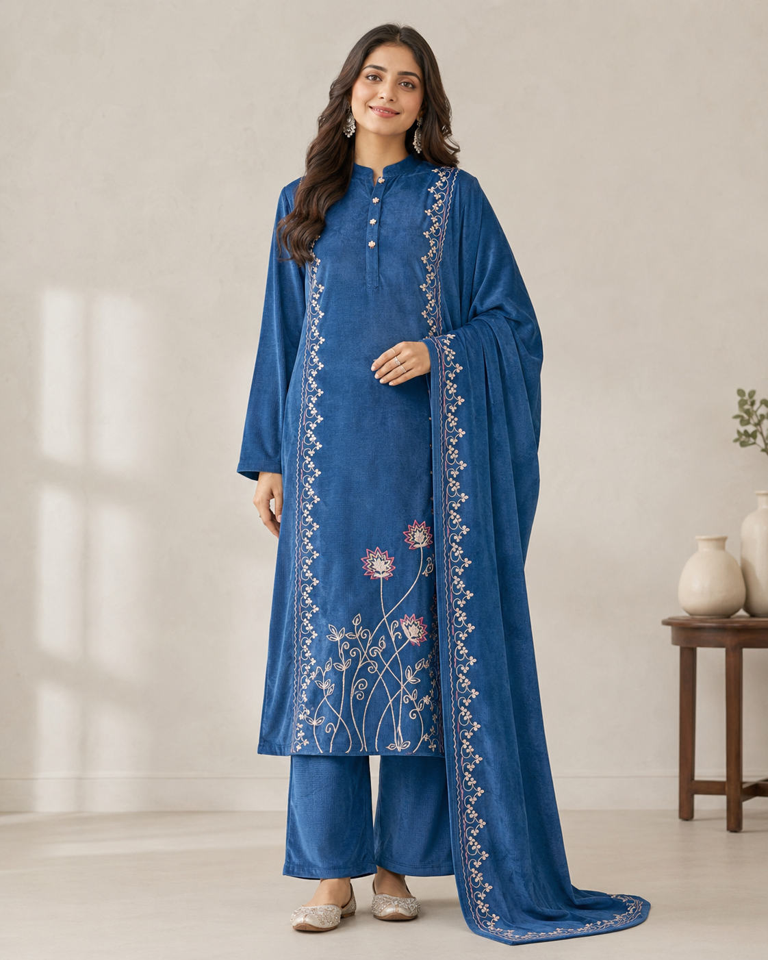 Regal Teal Blue Floral Velvet 3-Piece Salwar Suit Set – Size 42 (XL)