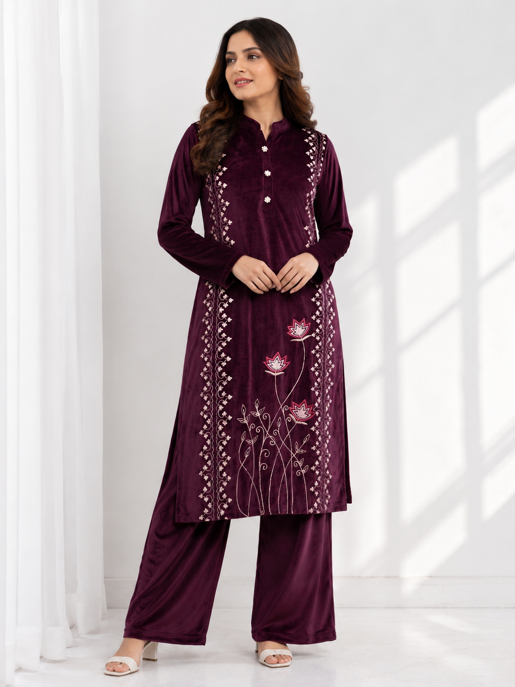 Regal Teal Blue Floral Velvet 3-Piece Salwar Suit Set – Size 42 (XL)