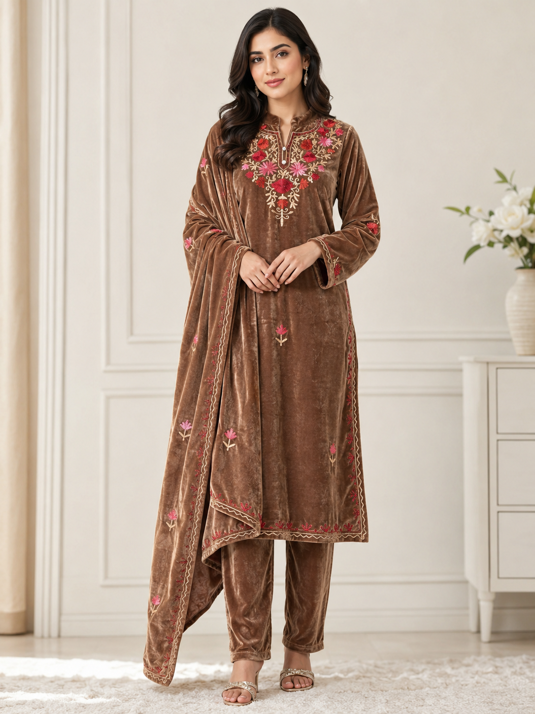Elegant Caramel Brown Floral Velvet 3-Piece Salwar Suit Set