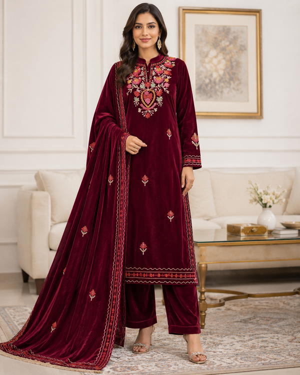 Exquisite Magenta Wine Floral Velvet 3-Piece Salwar Suit Set