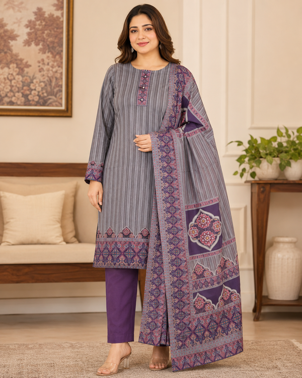 Elegant Stripe & Geo Print 3-Piece Salwar Suit Set