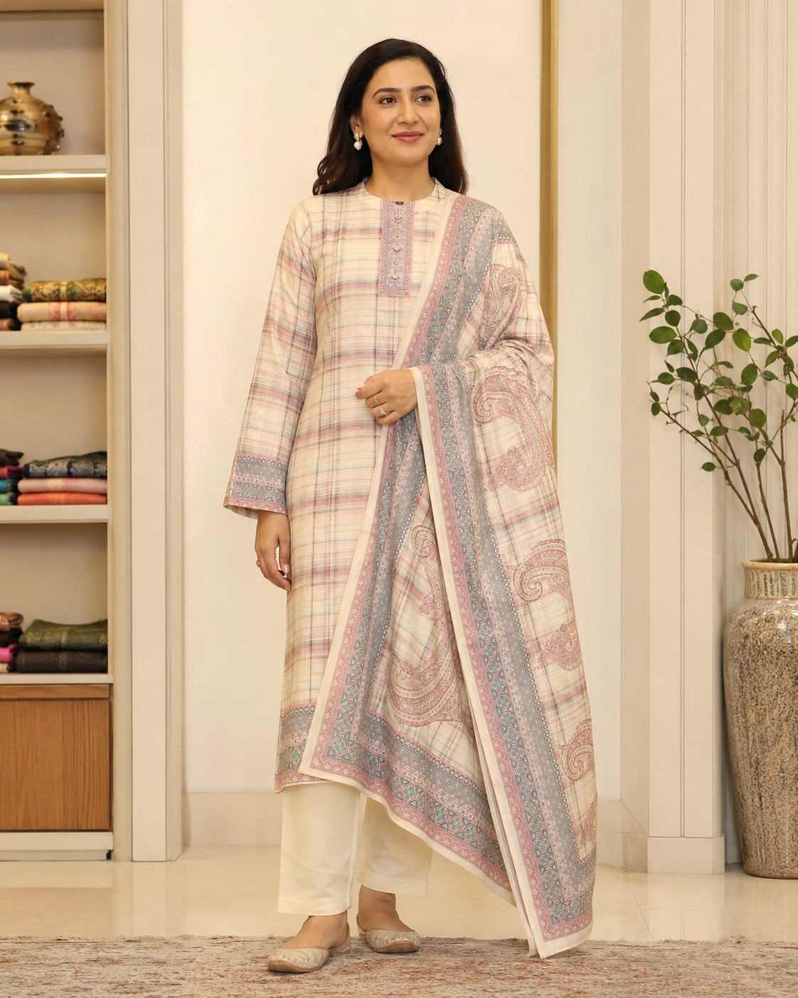 Pastel Plaid & Paisley Karachi Woolen 3-Piece Suit Set
