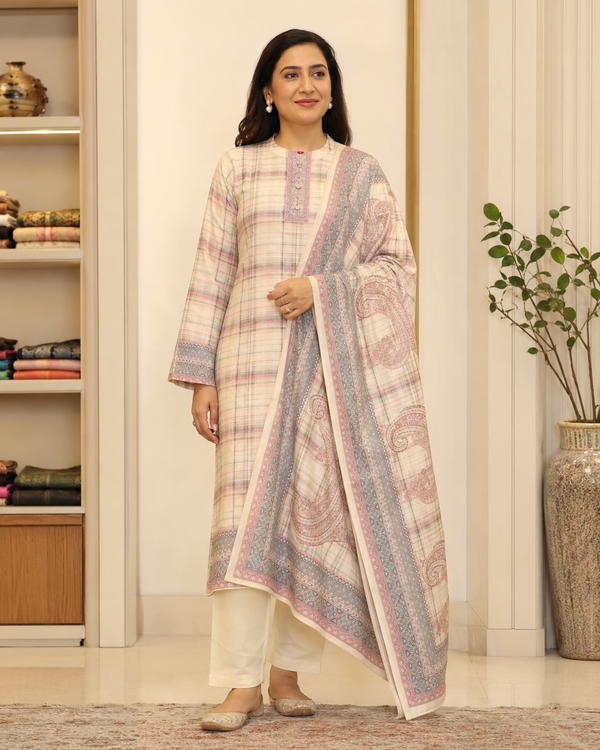 Pastel Plaid & Paisley Karachi Woolen 3-Piece Suit Set